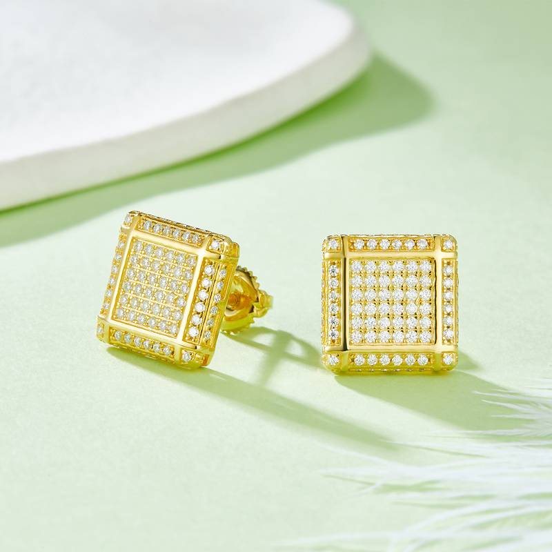 方形格子S925银Stud Earring带螺纹Moissanite厘石D级0.77ct